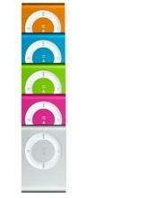 ipod shuffle mp3 player brilliant colors: blue, pink, green, orange and the original silver. A hit with customers since its initial shipment three months ago